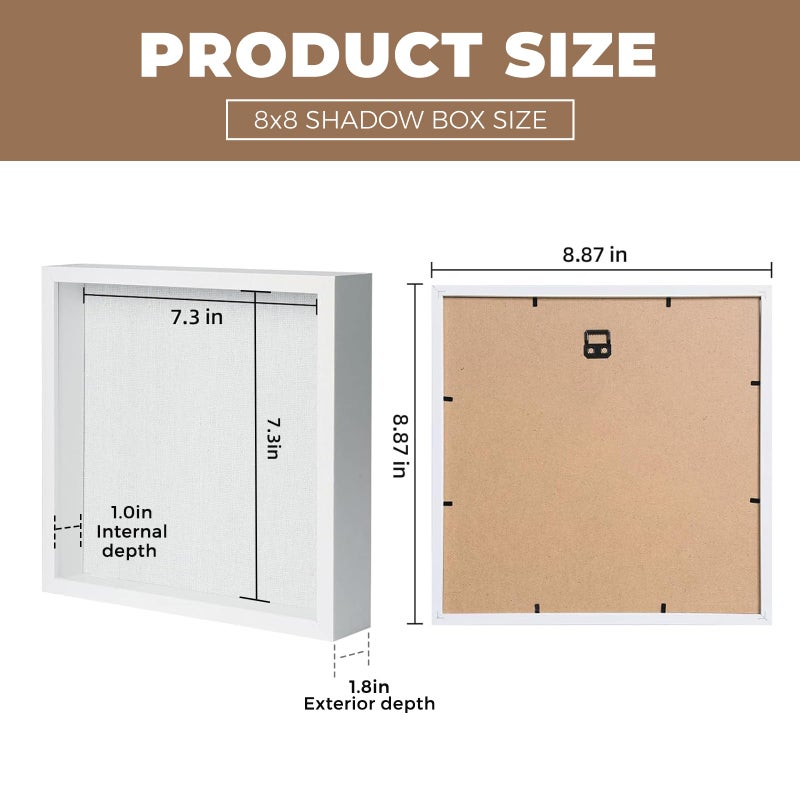 Muzilife Shadow Box Picture Frame with Linen Board Deep Wood Glass Display Case Ready to Hang Memory Box Baby Sports Memorabilia, Pins, Awards, Medals, Wedding, Tickets and Photos (White, 2pcs 8X8) - Image 3